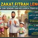 Sebuah keluarga Muslim-ayah, ibu, anak perempuan, dan anak laki-laki-bersenyum di depan pusat pengumpulan zakat. Gambar ini menampilkan tulisan berwarna-warni yang menjelaskan niat zakat fitrah untuk diri sendiri dan keluarga dalam bahasa Indonesia, Arab, dan Latin.