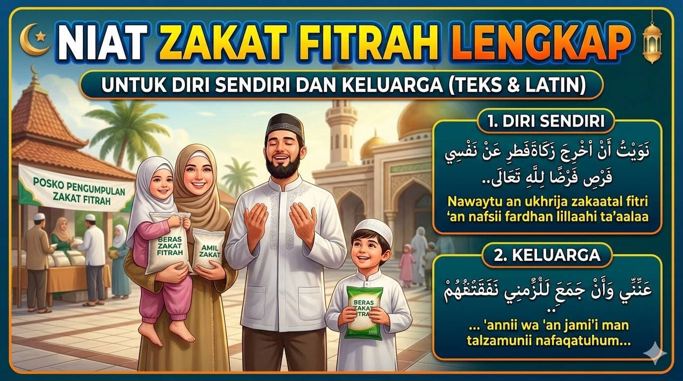 Sebuah keluarga Muslim-ayah, ibu, anak perempuan, dan anak laki-laki-bersenyum di depan pusat pengumpulan zakat. Gambar ini menampilkan tulisan berwarna-warni yang menjelaskan niat zakat fitrah untuk diri sendiri dan keluarga dalam bahasa Indonesia, Arab, dan Latin.